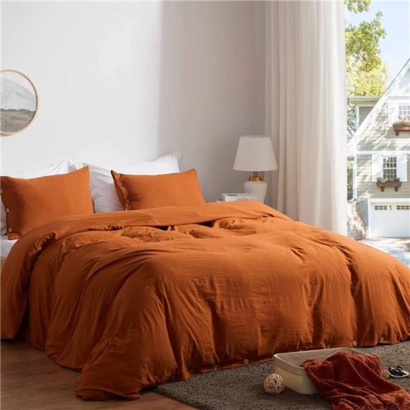 Home Queen Size Duvet Cover Set with Buttons Closure Umber, 3 Pieces Solid Color - Picture 3 of 6
